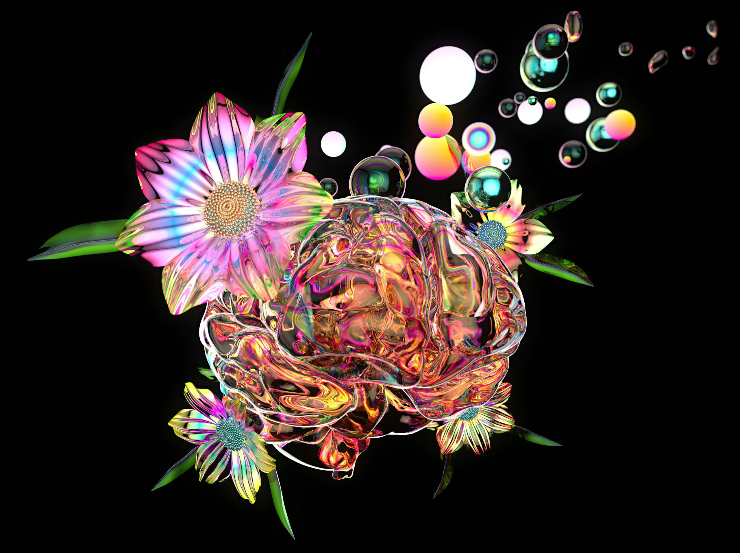 A colorful, AI drawing of a brain surrounded by brightly colored flowers and bubbles.